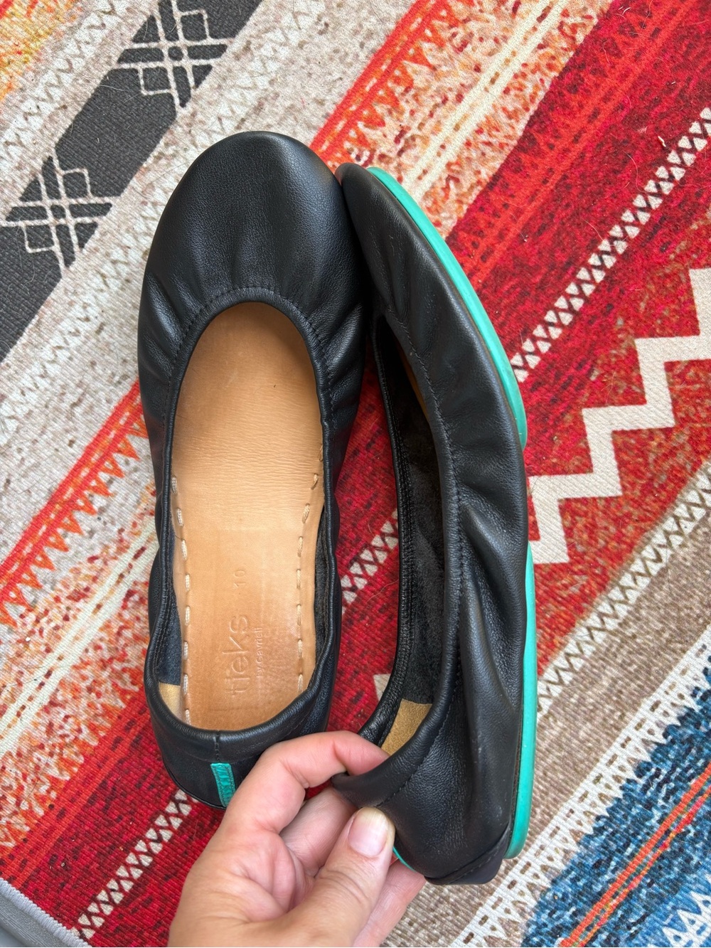 Tieks Black Leather Ballet Flats with Turquoise Heel Women’s 10 - Picture 2 of 3